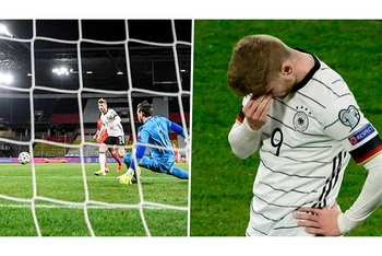 Timo Werner với pha bỏ lỡ kinh dị phút 80 trong trận gặp Bắc Macedonia. (Ảnh: Goal)