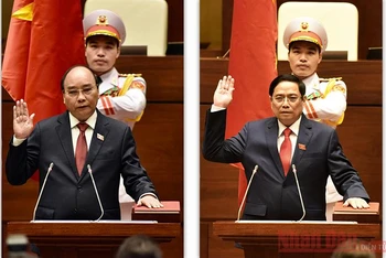 Chủ tịch nước Nguyễn Xuân Phúc và Thủ tướng Phạm Minh Chính tuyên thệ nhậm chức ngày 5-4 (Ảnh: Trần Hải).