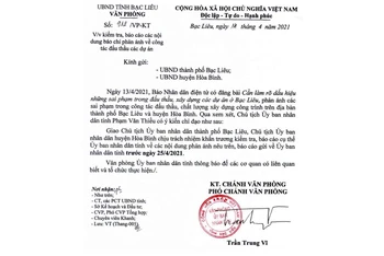 Văn bản của UBND tỉnh Bạc Liêu chỉ đạo Chủ tịch UBND TP Bạc Liêu và huyện Hòa Bình (Bạc Liêu) khẩn trương kiểm tra, báo cáo UBND tỉnh vấn đề Báo Nhân Dân đã nêu.