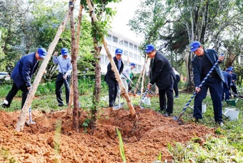 Lãnh đạo tỉnh Lâm Đồng cùng các đại biểu trồng cây mai anh đào tại khuôn viên Trung tâm Văn hóa Thanh thiếu niên tỉnh Lâm Đồng.