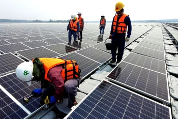 Công nhân lắp đặt các tấm pin mặt trời tại trang trại điện nổi. (Ảnh: Reuters)