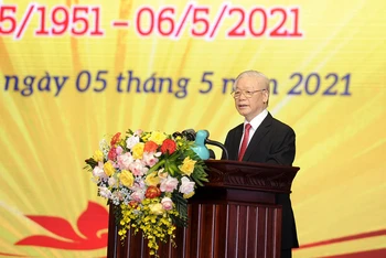 Tổng Bí thư Nguyễn Phú Trọng phát biểu tại Lễ kỷ niệm 70 năm thành lập Ngân hàng Việt Nam. (Ảnh: ĐĂNG KHOA)