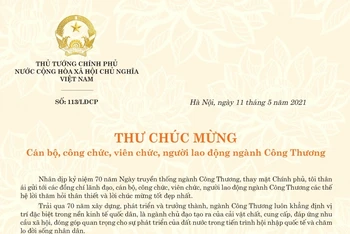 Phần đầu bức thư chúc mừng nhân Ngày truyền thống ngành Công thương của Thủ tướng Phạm Minh Chính.
