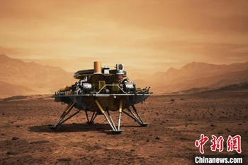 Đồ họa robot thăm dò Thiên Vấn 1 đáp xuống bề mặt Sao Hỏa. (Nguồn: Chinanews)