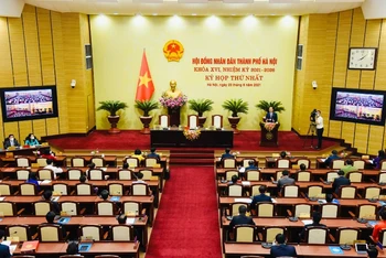 Quang cảnh phiên khai mạc Kỳ họp thứ nhất, Hội đồng nhân dân thành phố Hà Nội khóa 16. 
