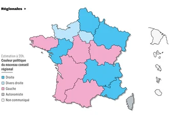 Biểu đồ thắng cử của các đảng phái trong cuộc bầu cử vùng và tỉnh năm 2021. Màu xanh là đảng cánh hữu LR và liên minh. Màu hồng là đảng PS và liên minh. (Nguồn: Le Monde)