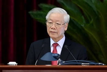 Tổng Bí thư Nguyễn Phú Trọng phát biểu bế mạc Hội nghị. (Ảnh: ĐĂNG KHOA)