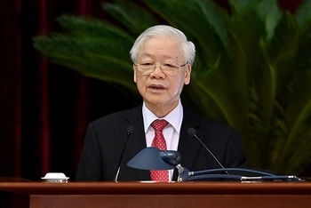 Tổng Bí thư Nguyễn Phú Trọng phát biểu bế mạc hội nghị. (Ảnh: ĐĂNG KHOA)