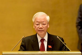 Tổng Bí thư Nguyễn Phú Trọng phát biểu tại phiên khai mạc Kỳ họp thứ nhất, Quốc hội khoá XV, sáng 20/7. (Ảnh: LÂM HIỂN)