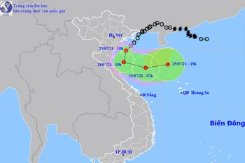 Vị trí và hướng di chuyển của áp thấp nhiệt đới lúc 19 giờ. (Nguồn: nchmf.gov.vn)