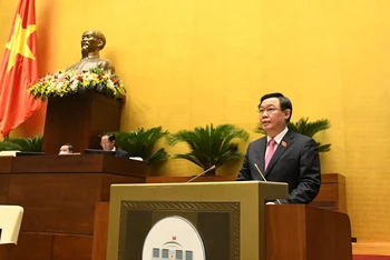 Chủ tịch Quốc hội Vương Đình Huệ phát biểu nhân kỷ niệm 74 năm Ngày Thương binh, Liệt sĩ. (Ảnh: Quang Hoàng)