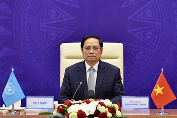 Thủ tướng Phạm Minh Chính phát biểu tại Phiên thảo luận mở cấp cao của Hội đồng Bảo an Liên hợp quốc.Ảnh: TRẦN HẢI