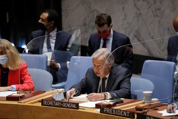 Tổng Thư ký Liên hợp quốc Guterres phát biểu tại cuộc họp của Hội đồng Bảo an về tình hình Afghanistan, ngày 16/8. (Ảnh: Reuters)