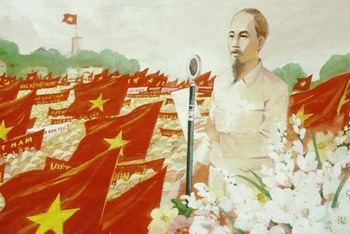 Tác phẩm "Bác Hồ đọc tuyên ngôn", bột màu của tác giả Nguyễn Dương. (Ảnh: Bảo tàng cung cấp)
