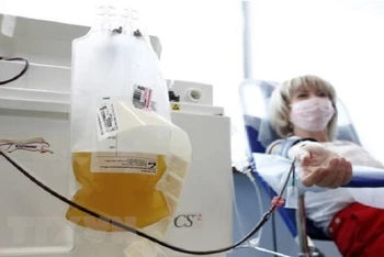 Bệnh nhân khỏi Covid-19 hiến huyết tương tại một sự kiện từ thiện ở Moskva, Nga ngày 25/8/2021. (Ảnh: TASS/TTXVN)