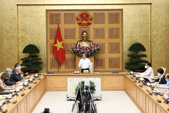 Thủ tướng Phạm Minh Chính phát biểu tại buổi làm việc với các doanh nghiệp châu Âu tại Việt Nam. (Ảnh: Dương Giang/TTXVN)