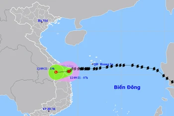Vị trí và hướng di chuyển của áp thấp nhiệt đới suy yếu từ bão số 5. (Nguồn: nchmf.gov.vn)