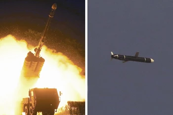 Hình ảnh do Hãng thông tấn KCNA phát ngày 13/9/2021 cho thấy 1 tên lửa đạn đạo tầm xa thế hệ mới rời bệ phóng (ảnh trái) và bay trên bầu trời (ảnh phải). (Ảnh: Yonhap/TTXVN)