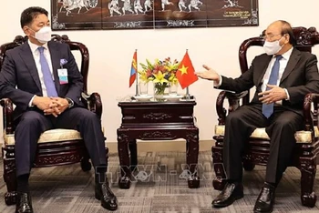 Chủ tịch nước Nguyễn Xuân Phúc (bên phải) tiếp Tổng thống Mông Cổ Ukhnaa Khurelsukh. (Ảnh: TTXVN).