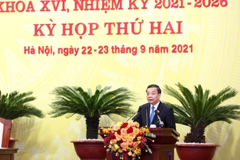 Chủ tịch UBND thành phố Hà Nội Chu Ngọc Anh phát biểu tại kỳ họp thứ hai Hội đồng nhân dân thành phố Hà Nội khóa 16.