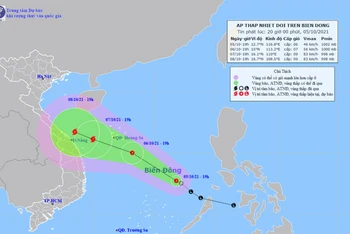Vị trí và hướng di chuyển của áp thấp nhiệt đới trên Biển Đông. (Nguồn: nchmf.gov.vn)