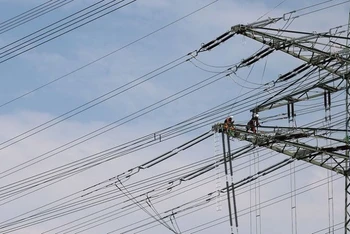Công nhân điện lực lắp đặt đường dây điện cao thế mới ở Hanau, Đức, ngày 10/8/2020. (Ảnh: Reuters)