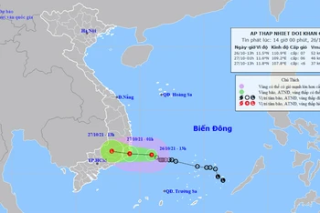 Vị trí và hướng di chuyển của áp thấp nhiệt đới. (Nguồn: nchmf.gov.vn)