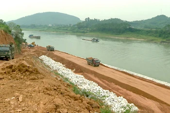 Các đơn vị thi công huy động phương tiện, máy móc khắc phục tình trạng sạt lở đoạn đê tả sông Lô đoạn qua thôn Xạ Hương, xã Đông Thọ, huyện Sơn Dương (Tuyên Quang).