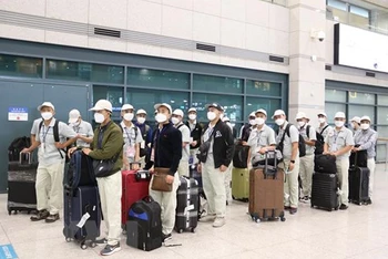 Nhóm lao động Việt Nam đợi nhập cảnh tại sân bay Incheon, Hàn Quốc. (Ảnh: Mạnh Hùng/TTXVN)