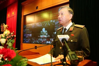 Bộ trưởng Bộ Công an Tô Lâm phát biểu tại buổi lễ. (Ảnh: Thanh tra)