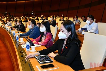Đại biểu Quốc hội tiến hành biểu quyết bằng hệ thống điện tử tại hội trường Diên Hồng, chiều 12/11. (Ảnh: LINH NGUYÊN)