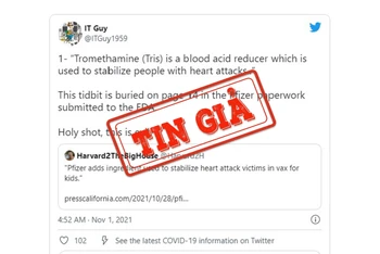Ảnh chụp màn hình bài đăng trên mạng xã hội Twitter đưa thông tin sai lệch về chất tromethamine trong thành phần vaccine Covid-19 Pfizer. 