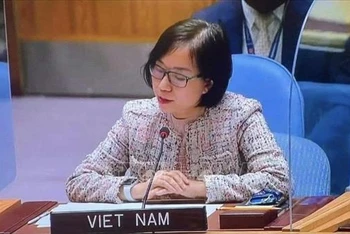 Tham tán Công sứ, Phó Trưởng Phái đoàn Thường trực Việt Nam tại LHQ Nguyễn Phương Trà phát biểu tại một phiên họp Hội đồng Bảo an Liên hợp quốc. Ảnh tư liệu: TTXVN