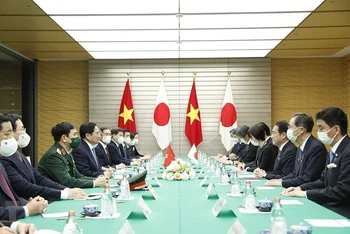 Thủ tướng Phạm Minh Chính hội đàm với Thủ tướng Nhật Bản Kishida Fumio. (Ảnh: TTXVN) 