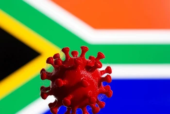 Mô hình 3D của virus SARS-CoV-2 trên nền cờ Nam Phi. (Ảnh: Reuters)