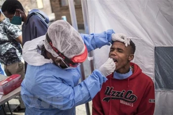 Nhân viên y tế lấy mẫu xét nghiệm Covid-19 cho người dân tại Johannesburg, Nam Phi. (Ảnh: AFP/TTXVN)