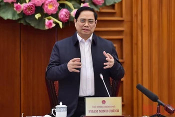 Thủ tướng Phạm Minh Chính, Trưởng Ban Chỉ đạo Quốc gia phòng, chống dịch Covid-19 phát biểu tại cuộc họp. (Ảnh: Trần Hải)