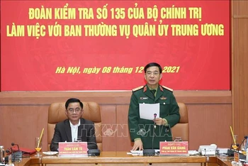 Đại tướng Phan Văn Giang, Ủy viên Bộ Chính trị, Phó Bí thư Quân ủy Trung ương, Bộ trưởng Bộ Quốc phòng phát biểu. Ảnh: TTXVN