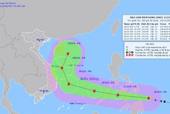 Vị trí và hướng di chuyển của bão RAI lúc 8 giờ ngày 16/12. (Nguồn: nchmf.gov.vn)