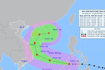 Vị trí và hướng di chuyển của bão Rai lúc 14 giờ ngày 17/12. (Nguồn: nchmf.gov.vn)