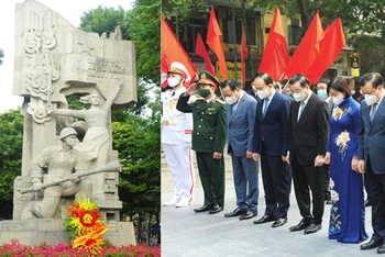 Lãnh đạo thành phố Hà Nội thành kính dâng hoa tại Tượng đài “Quyết tử để Tổ quốc quyết sinh”. (Ảnh: Duy Linh)