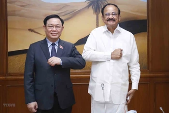 Chủ tịch Quốc hội Vương Đình Huệ gặp Phó Tổng Thống kiêm Chủ tịch Thượng viện Ấn Độ Venkaiah Naidu. (Ảnh: TTXVN)