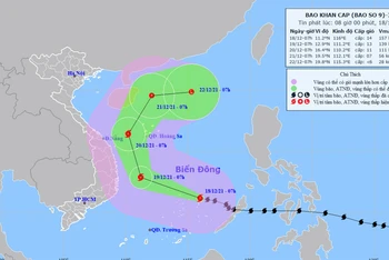 Vị trí và hướng di chuyển của bão số 9 lúc 8 giờ ngày 18/12. (Nguồn: nchmf.gov.vn)