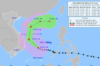 Vị trí và hướng di chuyển của bão số 9 lúc 20 giờ ngày 18/12. (Nguồn: nchmf.gov.vn)
