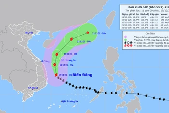 Vị trí và hướng di chuyển của bão số 9 lúc 11 giờ ngày 19/12. (Nguồn: nchmf.gov.vn)