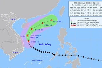 Vị trí và hướng di chuyển của bão số 9 lúc 17 giờ ngày 19/12. (Nguồn: nchmf.gov.vn)