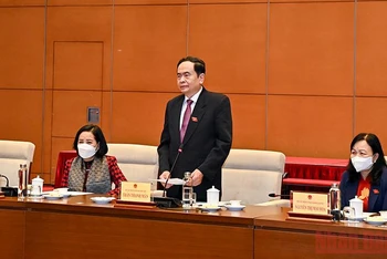 Phó Chủ tịch Thường trực Quốc hội Trần Thanh Mẫn tuyên bố bên trên buổi họp mặt. (Ảnh: Duy Linh)