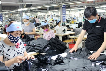 Công nhân Công ty may Tiên Sơn, thị xã Bỉm Sơn (Thanh Hóa) may áo xuất khẩu.