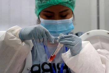 Nhân viên y tế lấy mẫu xét nghiệm Covid-19 từ du khách nước ngoài tại Phuket. (Ảnh: REUTERS)