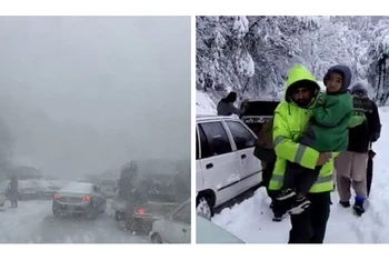 Ôtô mắc kẹt ở thị trấn Murree (ảnh trái) và nhà chức trách thực hiện chiến dịch cứu hộ khi tuyết rơi dày đặc trên đồi. (Nguồn: thenews.com.pk)